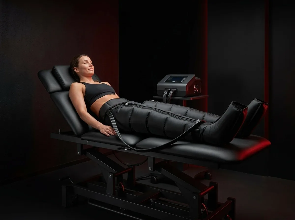Botas ilustrativas de presoterapia colocadas en las piernas
