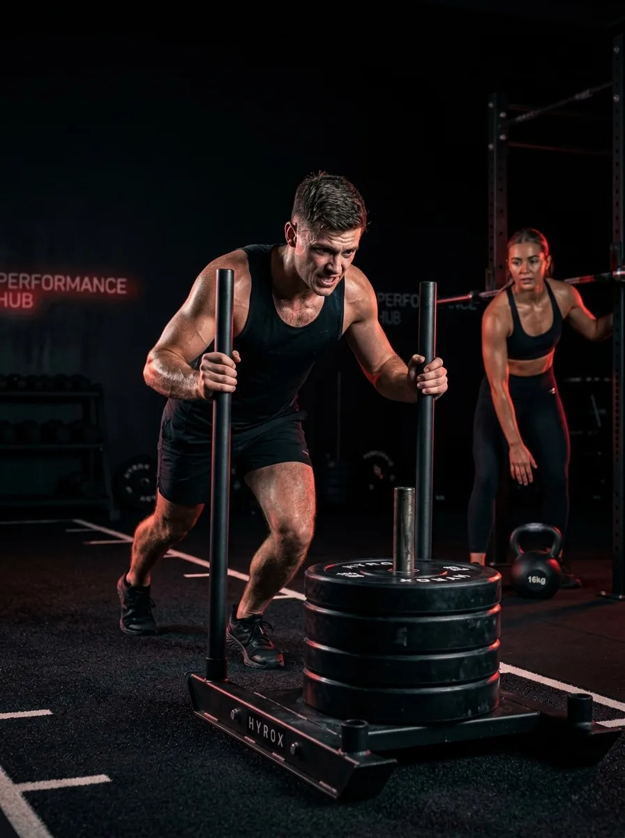 Dos figuras entrenando resistencia cardiovascular con un trineo en un gimnasio